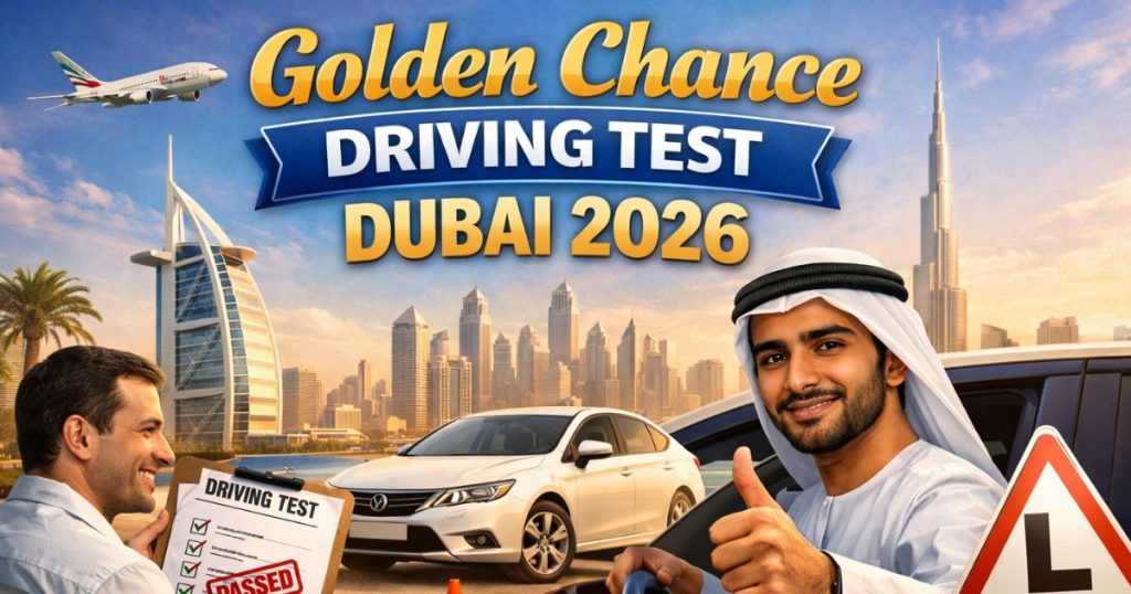 Golden Chance Driving Test Dubai 2026 featured image showing a learner driver passing the RTA driving test with Dubai skyline in the background